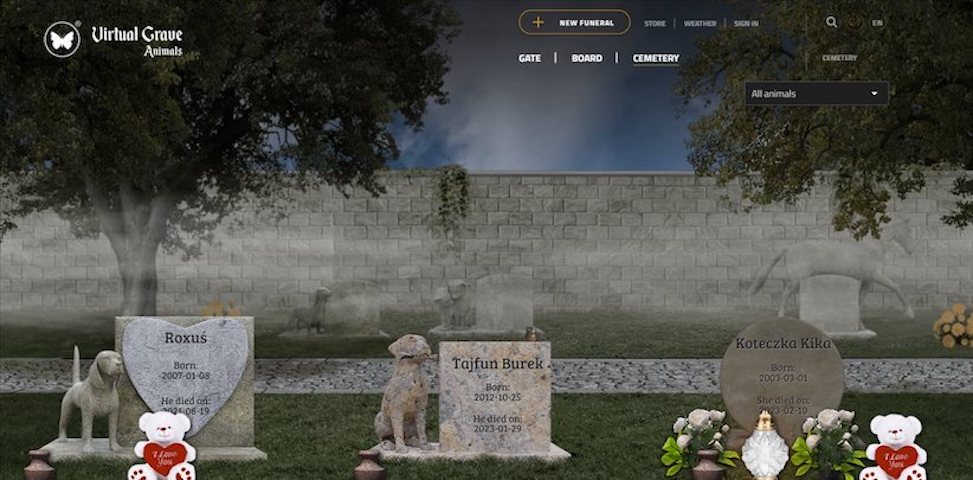 Crear funerales y poner tumbas en un cementerio virtual para personas y animales