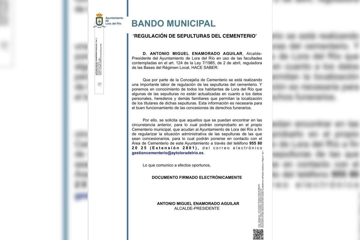 Lora del Río actualiza las sepulturas del cementerio y llama a los titulares a regularizarlas